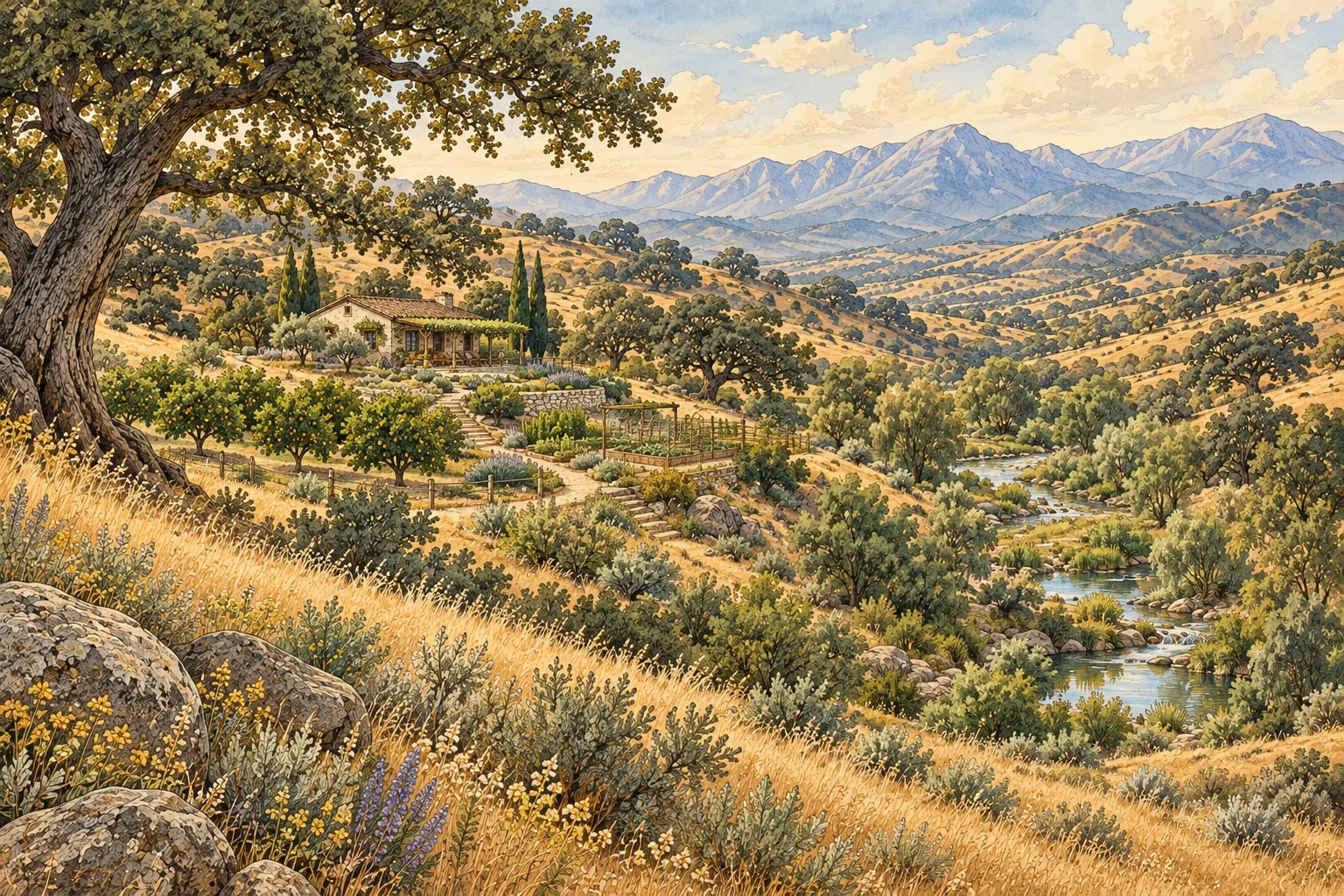 Imagined Southern California hillside with a shaded home, garden, native trees and a water corridor