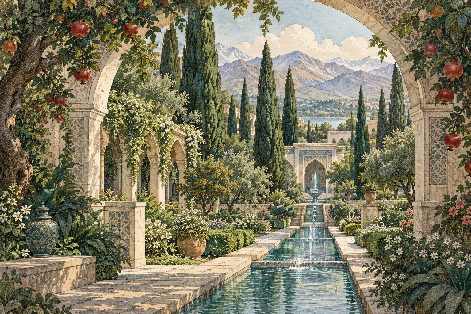 Imagined walled garden with a central water channel, shade, planting and distant mountains